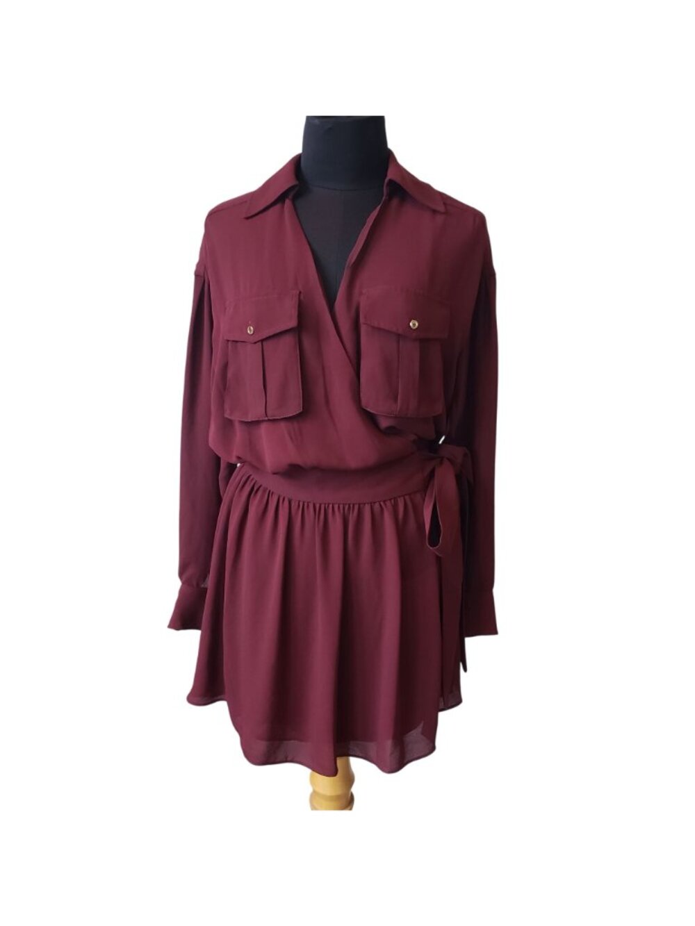 Ramy Brook Burgundy Long Sleeve Mini Wrap Dress Fall Red Wine Shirt Dress - Picture 3 of 13
